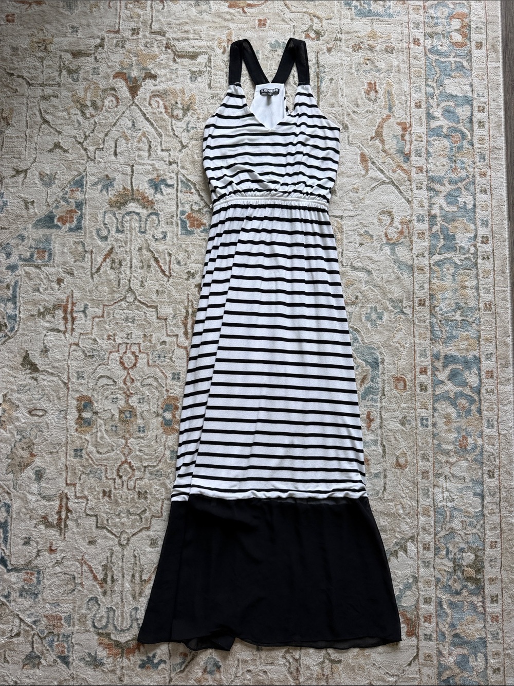 Express Black & White Striped Maxi Dress with Black sheer Hem size XS